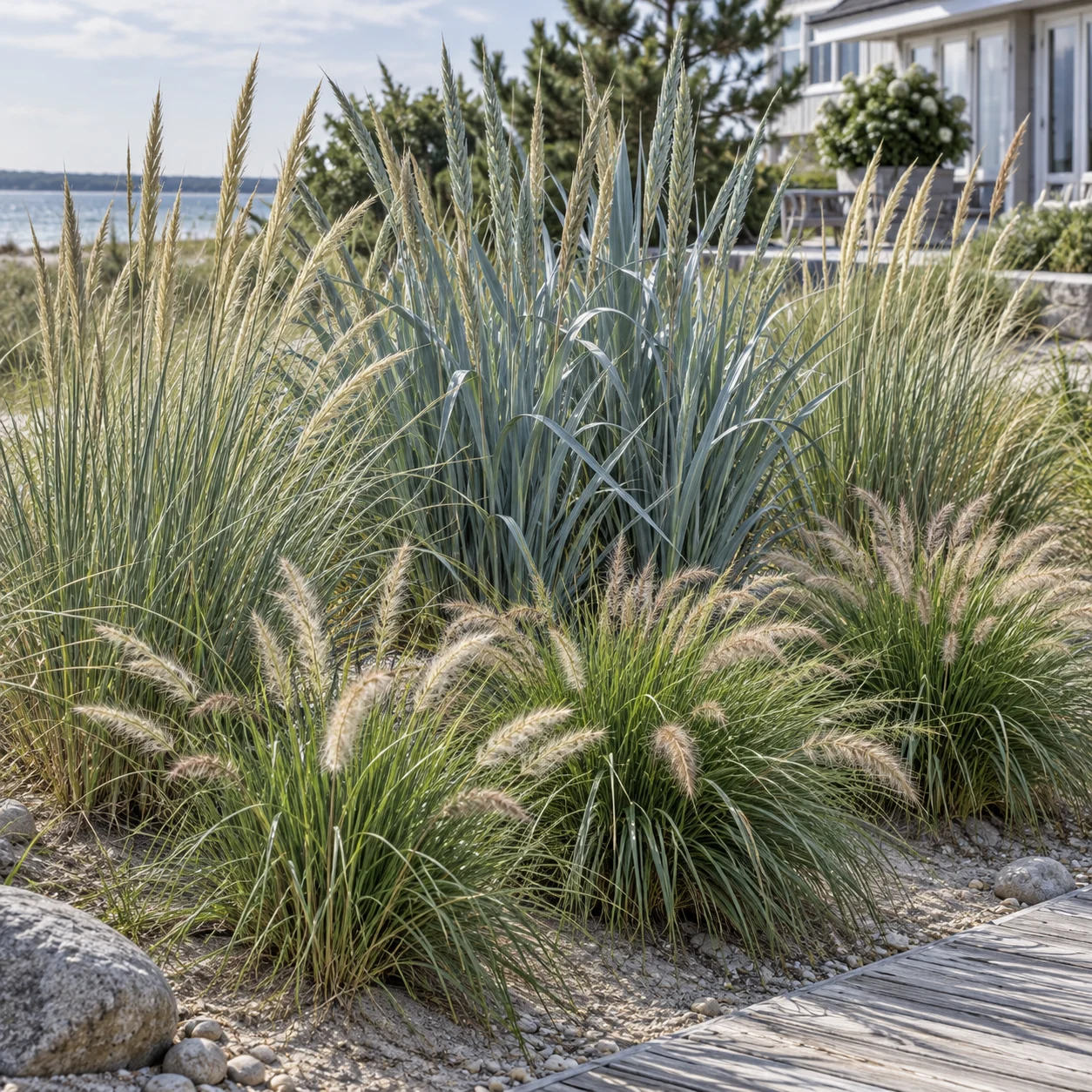 Détail des feuilles étroites gris-vert de l’oyat et des feuilles plus larges bleu argenté du seigle de mer.