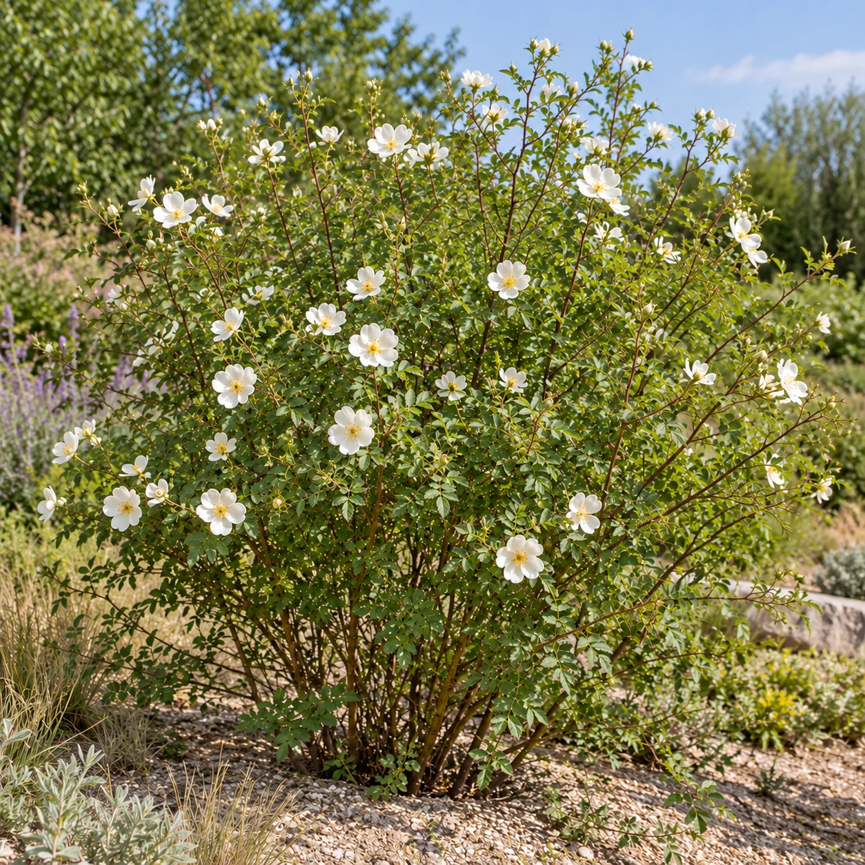 Dünenrose mit weißen Blüten und fein gefiedertem Laub in einer Gartenpflanzung.
