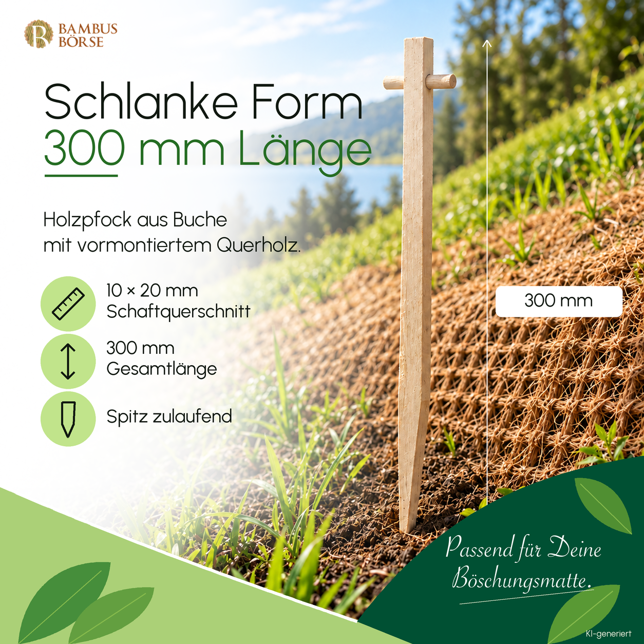 Holzpfock mit Querholz und Maßangaben: 300 mm Gesamtlänge und 10 × 20 mm Schaftquerschnitt. KI-generierte Produktdarstellung.