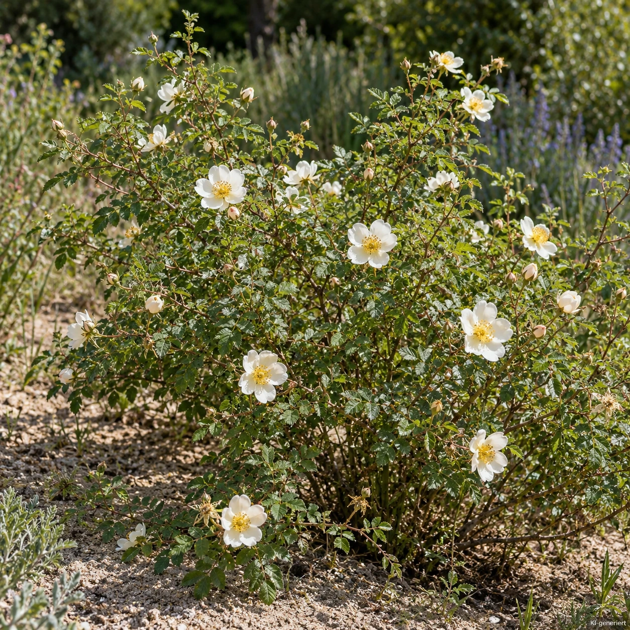 Bibernellrose mit weißen Blüten in naturnaher Pflanzung.