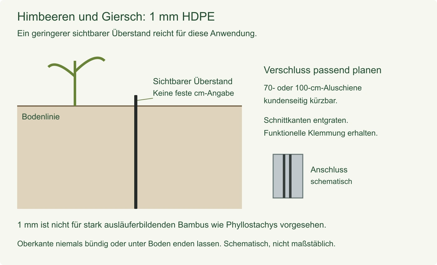 Einbau bei Himbeeren und Giersch mit 1 mm HDPE und geringerem sichtbarem Überstand. Aluminium-Verschlussschiene kann kundenseitig gekürzt werden.