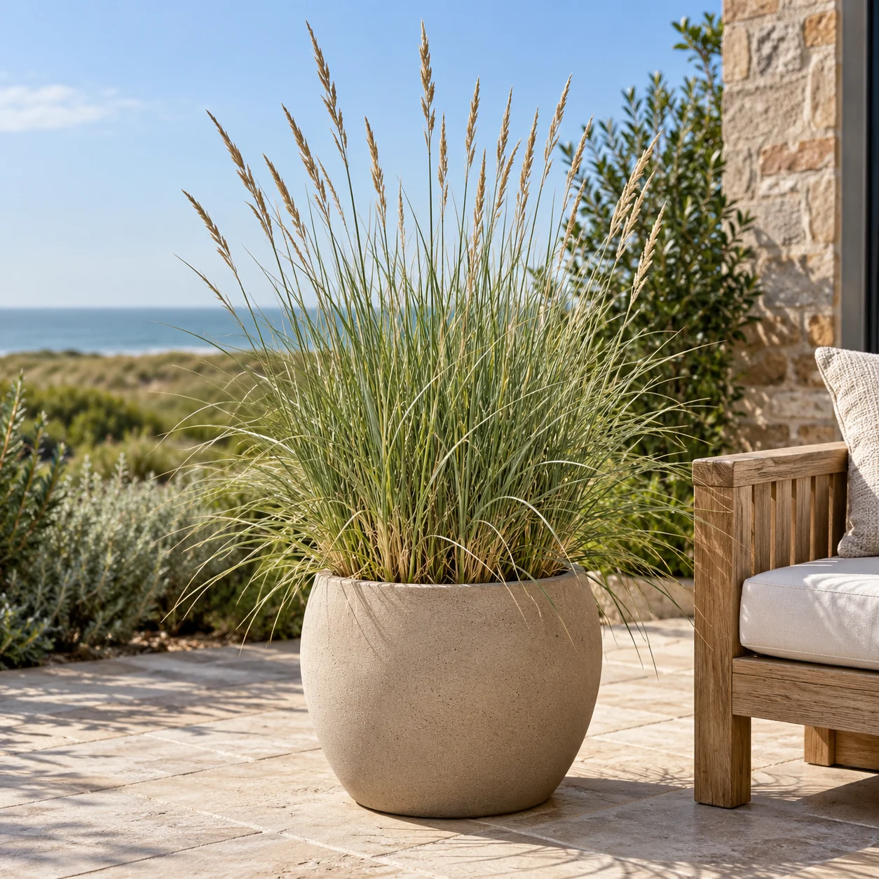 Strandhafer in einem großen sandfarbenen Pflanzkübel neben einem Sitzplatz auf der Terrasse.