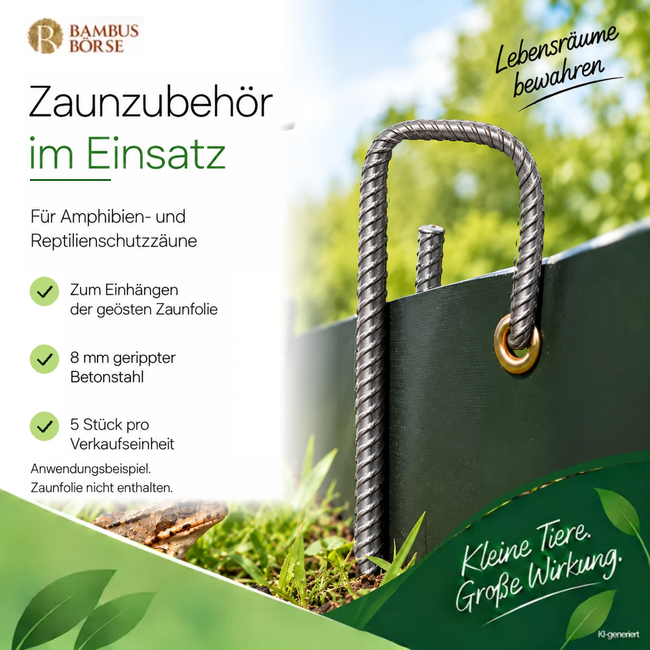 Befestigungshaken an der Öse einer dunklen Schutzzaunfolie im Außenbereich.