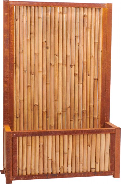 Hochbeet mit Sichtschutz aus Cortenstahl und hellem Bambus