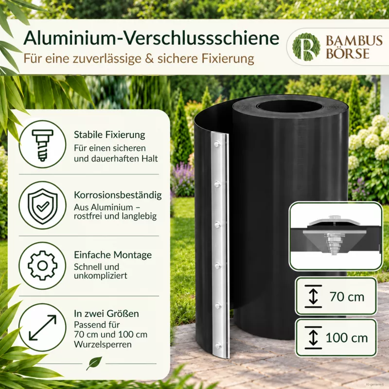 KI-generierte Darstellung einer Aluminium-Verschlussschiene an einer schwarzen HDPE-Rhizomsperre.