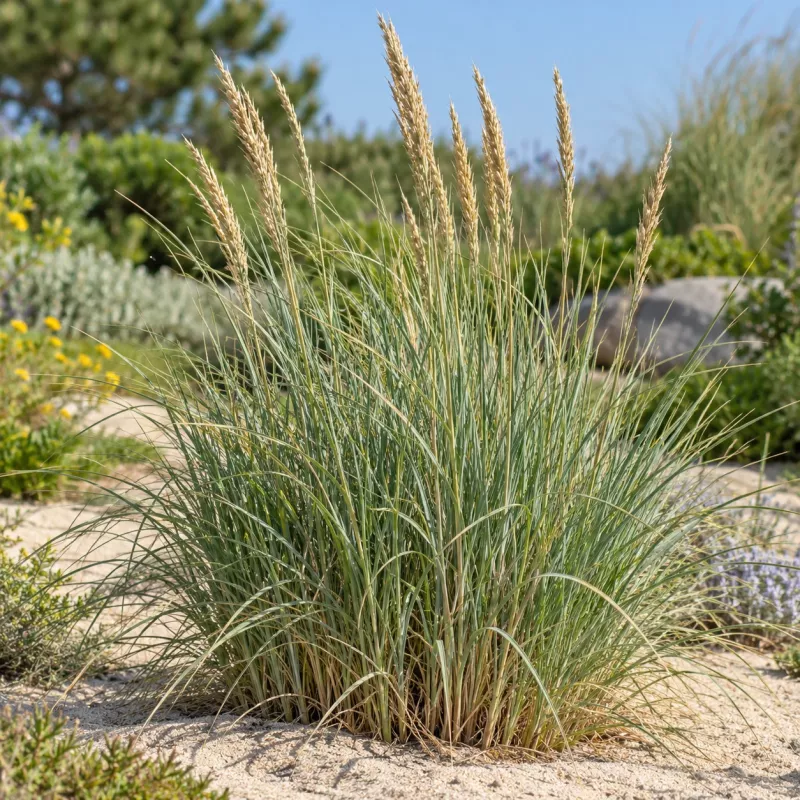 Strandhafer mit schmalen Blättern und hellen Ähren in einer sandigen Gartenpflanzung